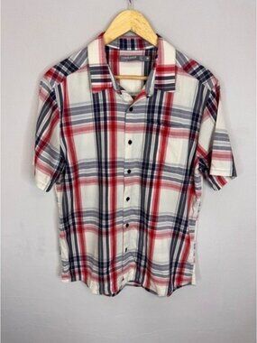 Icebreaker Merino Wool Plaid Short Sleeve Button Down Shirt Mens Medium Red Blue